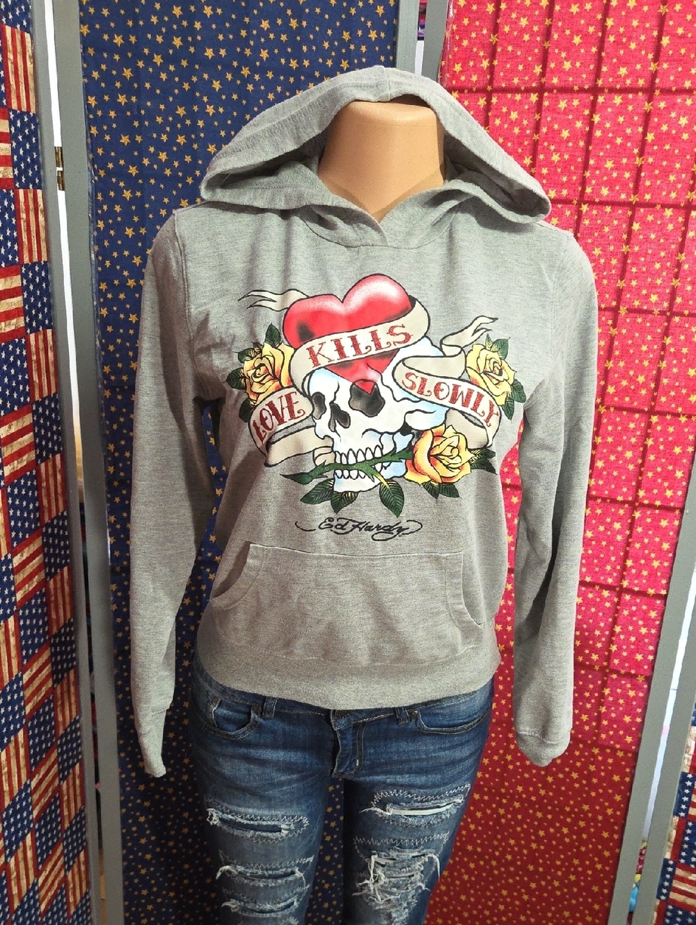 Ed Hardy Gray Hoodie with Heart, Skull & Yellow Rose Graphic